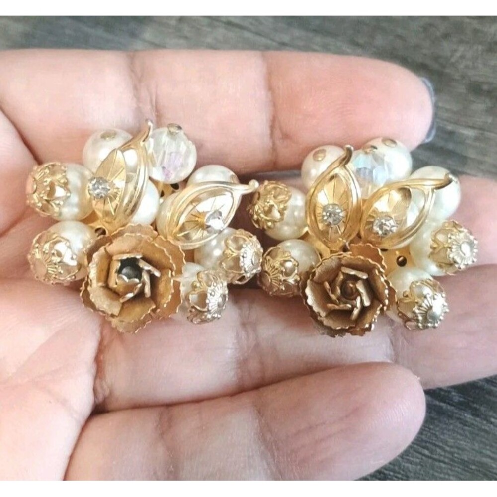 Openwork Gold tone Rose Faux Pearl  Rhinestone Cluster Vintage Clip Earrings